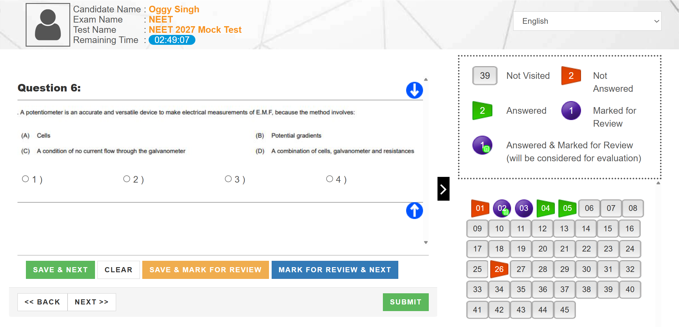 NTA exam interface - MedMinds CBT mode